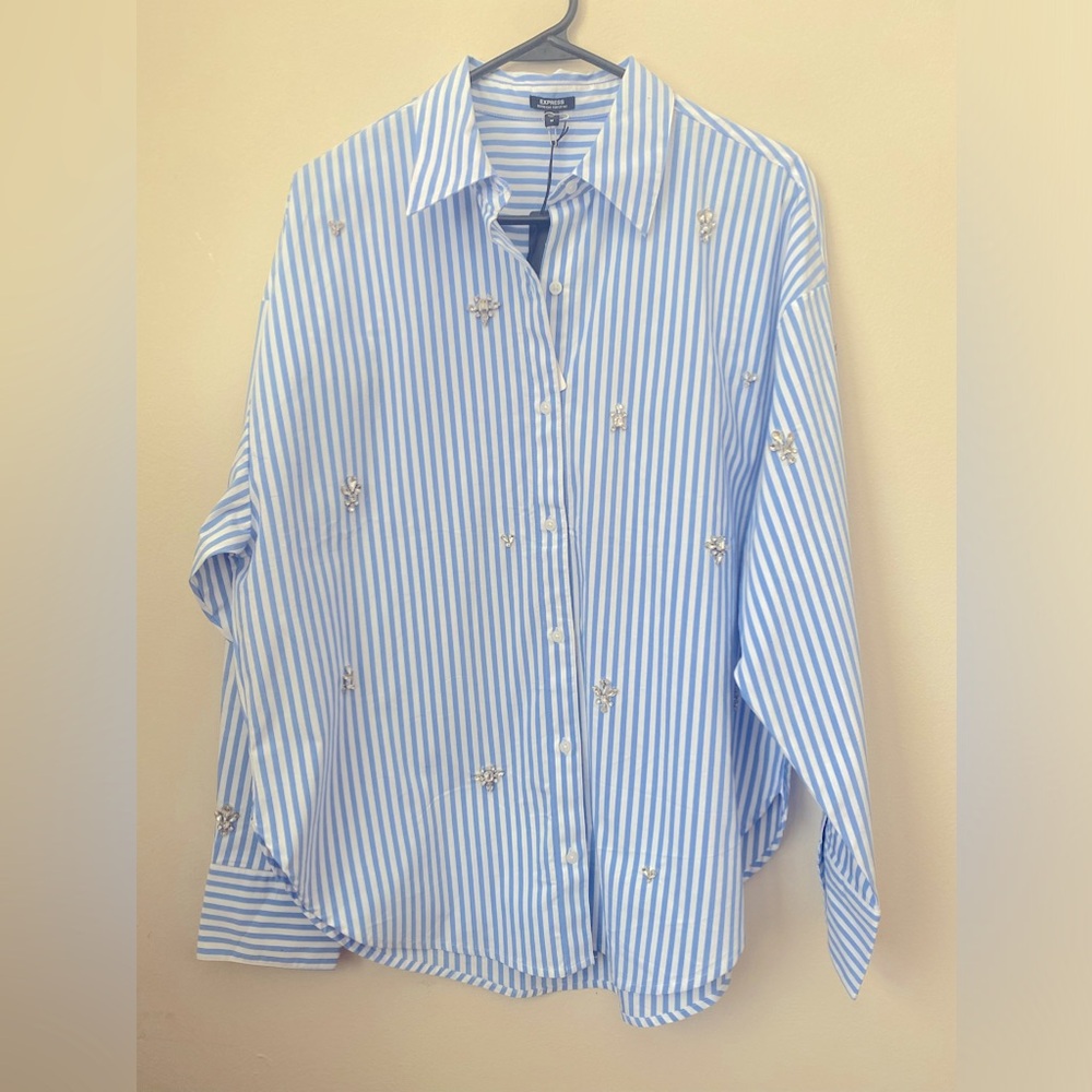 Express Poplin Embellished Medium Striped Boyfriend Portofino shirt
